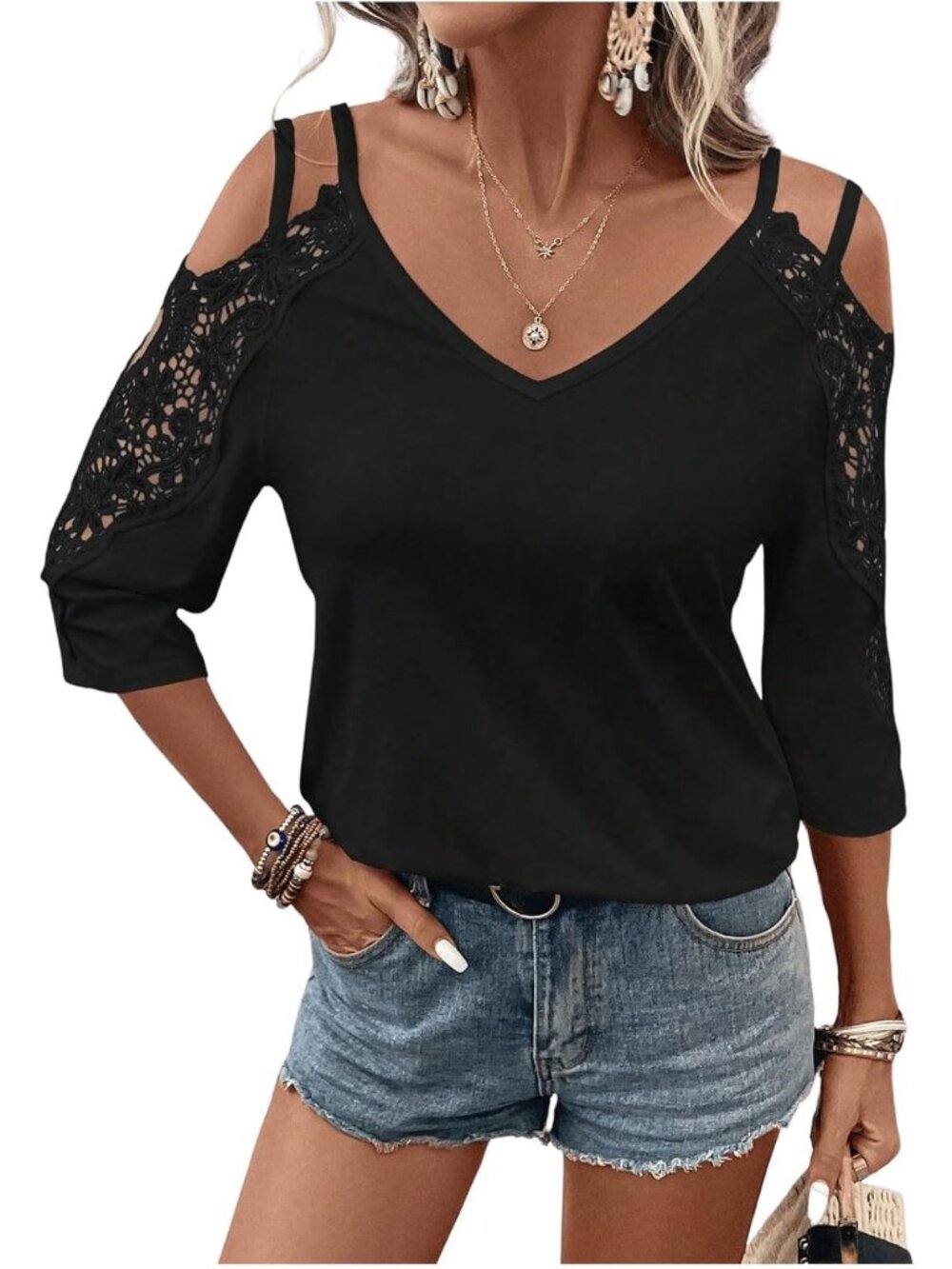 MakeMeChic Women's Lace Cold Shoulder Tops V Neck Cut Out 3/4 Sleeve Blouse